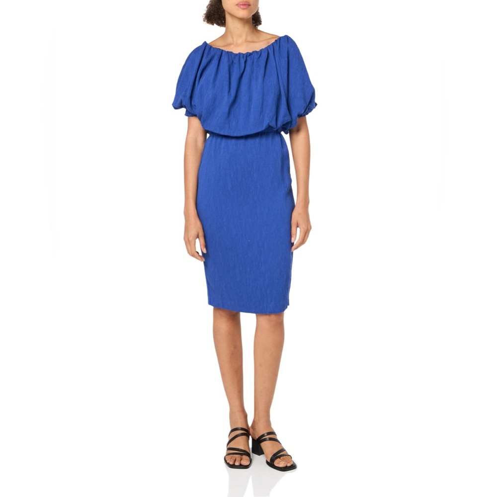 Trina Turk Women's Off The Shoulder Plisse Ruffe Dress Admiral Blue size M NWT
